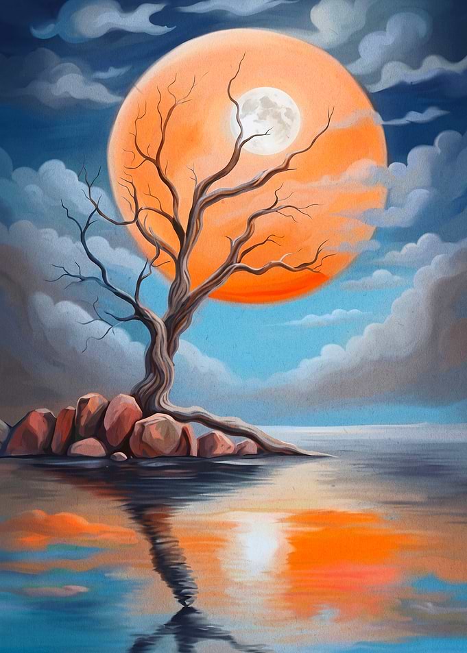 Moon Tree Seascape Surreal Art