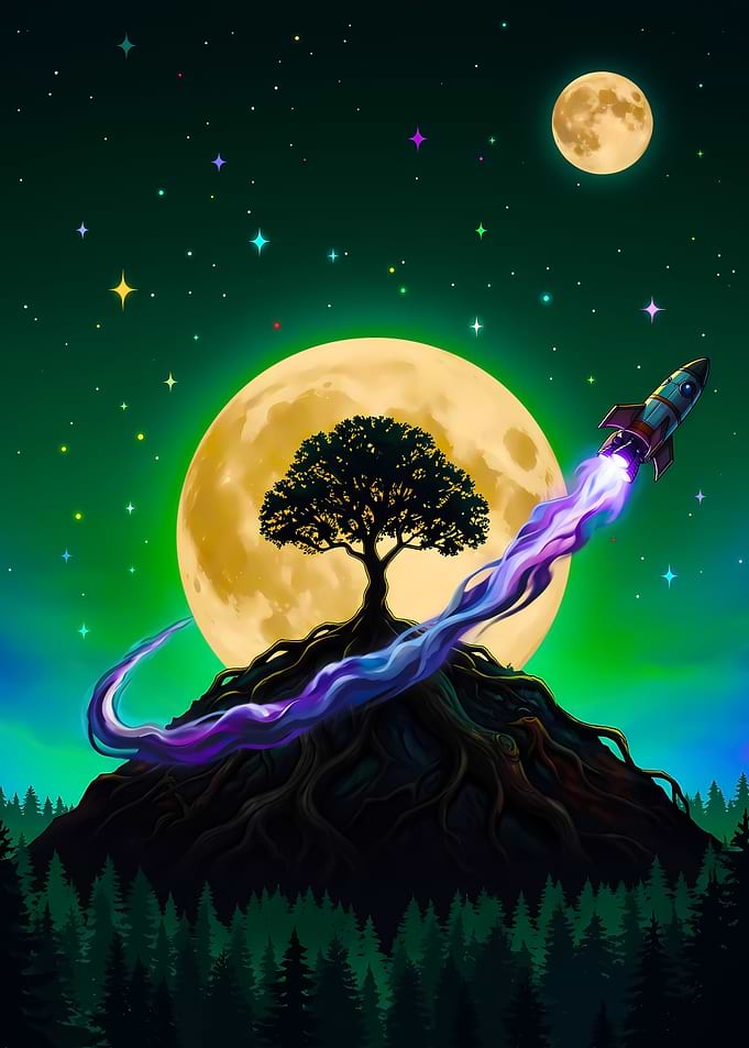 Rocket Launching Past Moonlit Tree