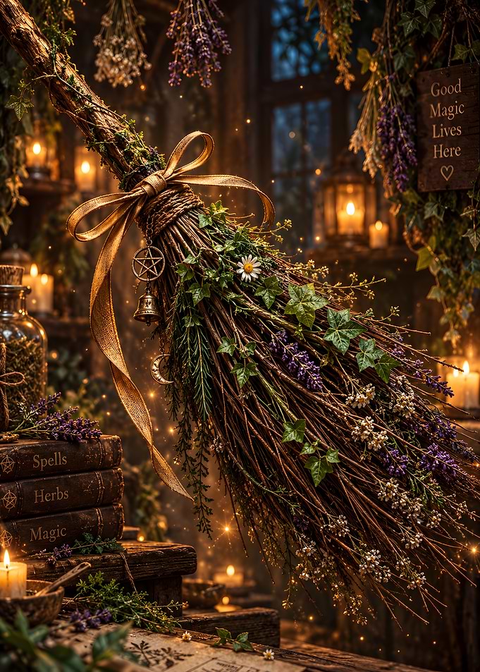 Witch's Besom Broom with Magical Decor