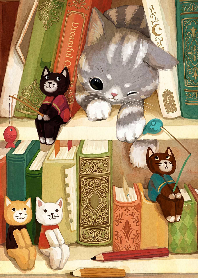 Cat Bookshelf Cute Cozy Art Poster