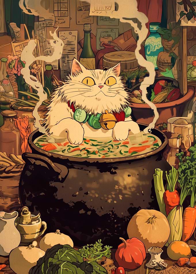 Fluffy Cat Cooking Vegetable Soup
