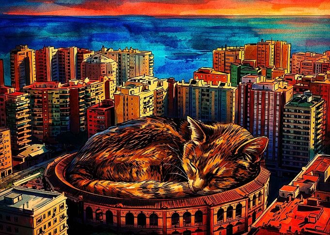 Giant Cat Cityscape Watercolor Art