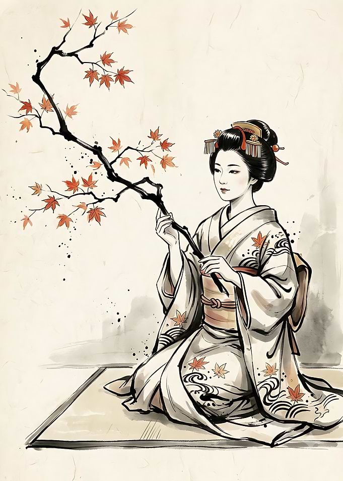 Geisha Holding Maple Branch Illustration