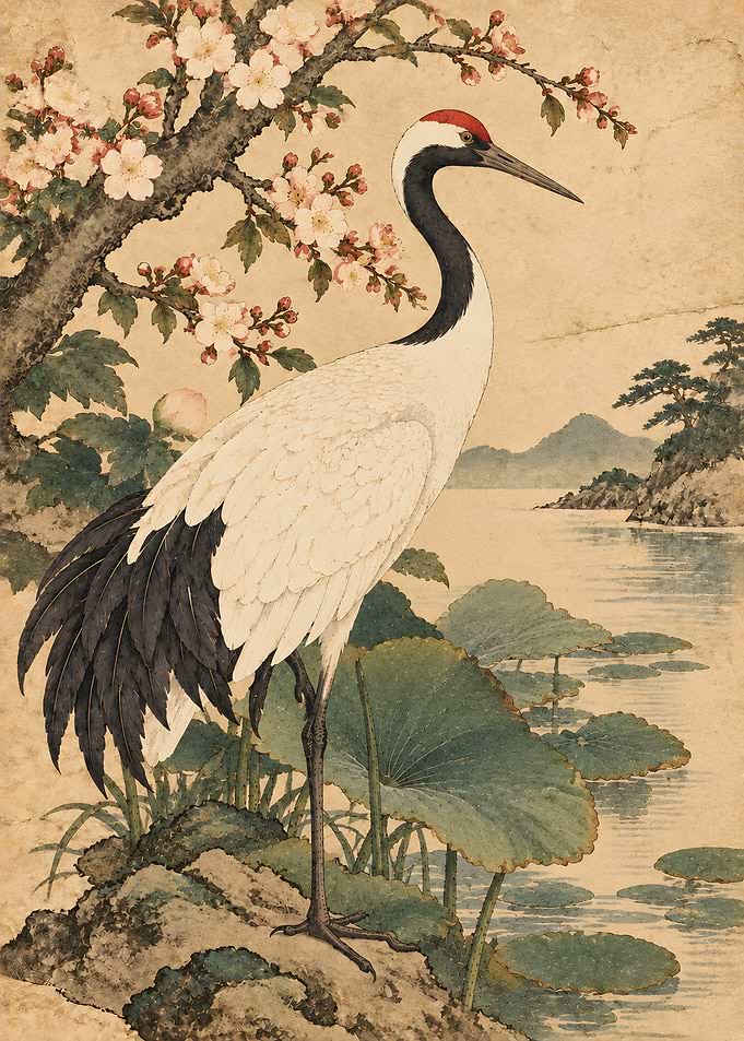 Japanese botanical Red-Crowned Crane in Traditional Style
