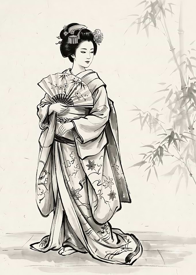 Elegant Geisha with Fan Ink Drawing
