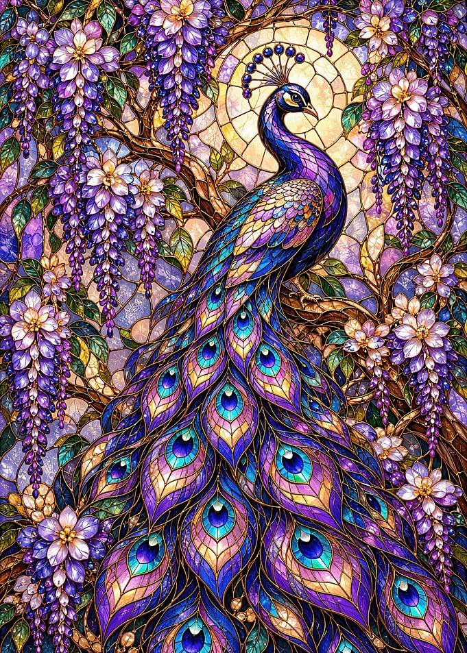 Stained Glass Peacock and Wisteria