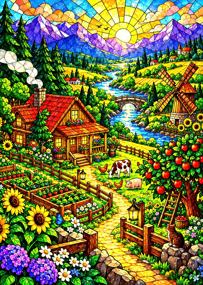 Stardew Valley Vibrant Stained Glass Countryside Farmhouse