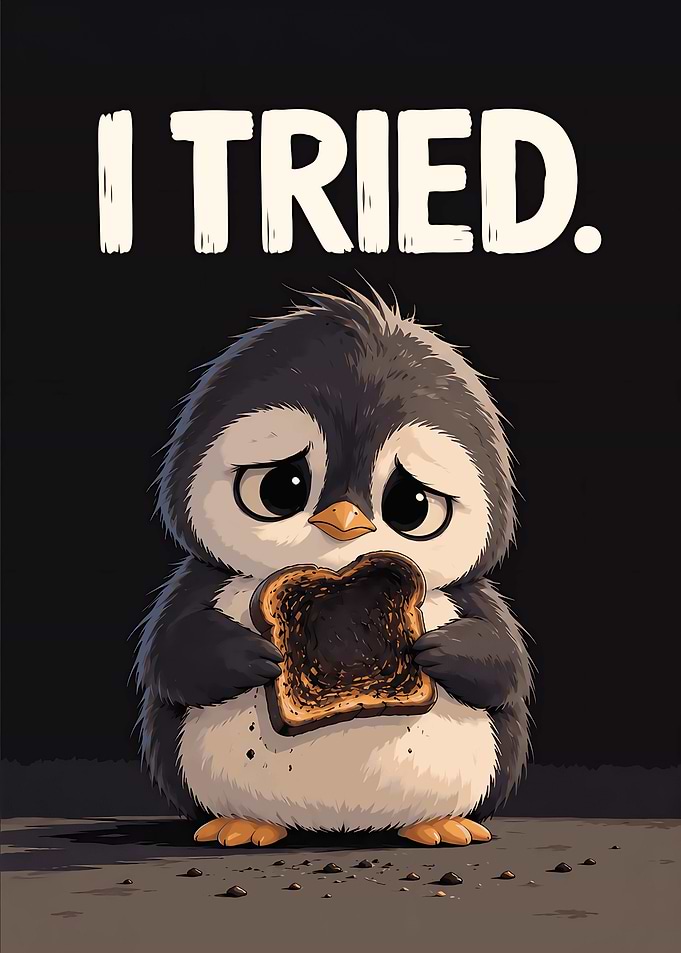 Sad Penguin Holding Burnt Toast