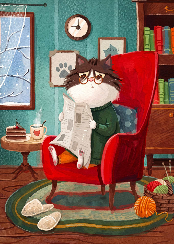 Cat Reading Newspaper Cozy Art Post