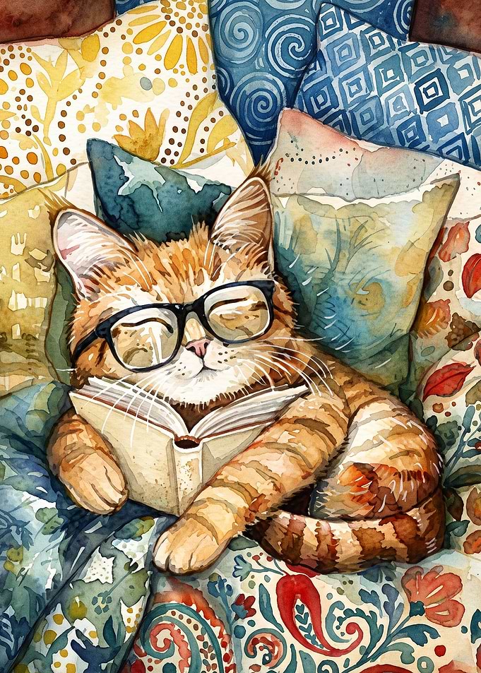 Cat Reading Book Watercolor Poster