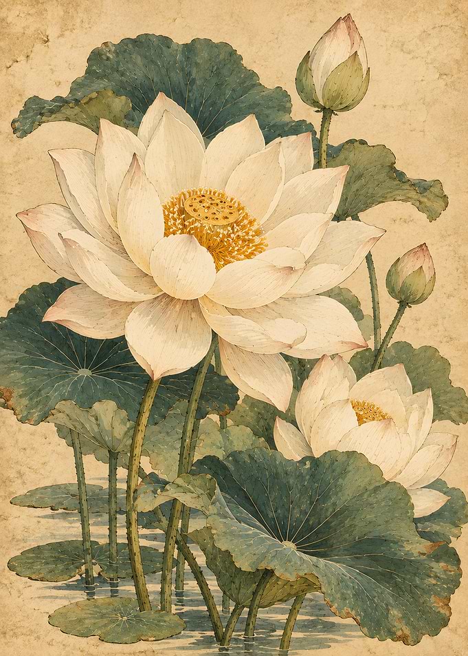 Japanese Vintage Botanical Lotus Flower Illustration