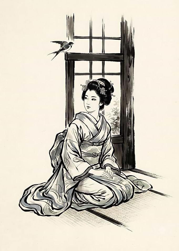 Geisha with Swallow by Window