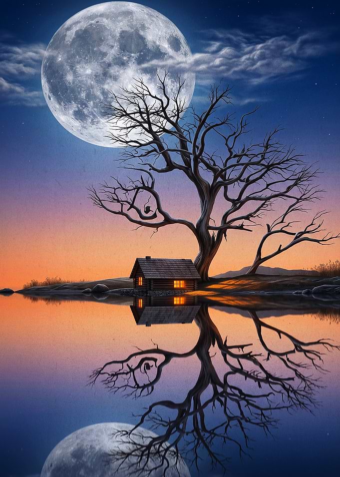 Moon Cabin Night Lake Fantasy Art