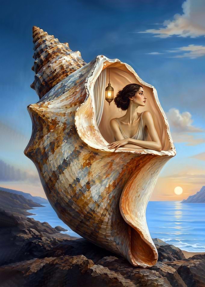 Woman Resting Inside a Giant Seashell