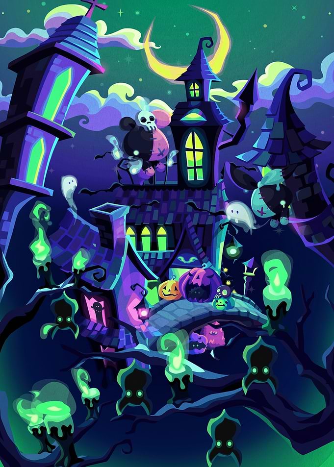 Monokuma Halloween Haunted House Illustration