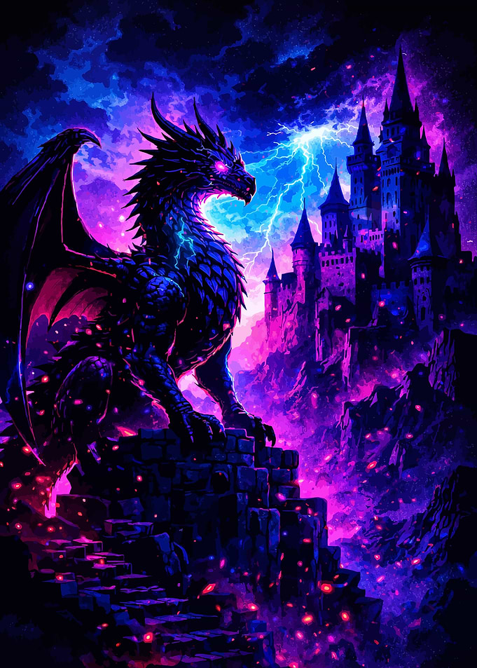Neon Dragon Guarding Dark Castle
