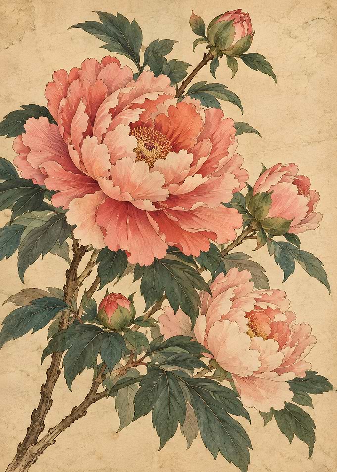 Vintage Botanical Peony Illustration
