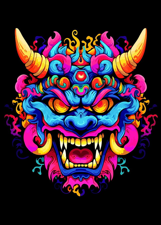 Neon Psychedelic Oni Mask Illustration