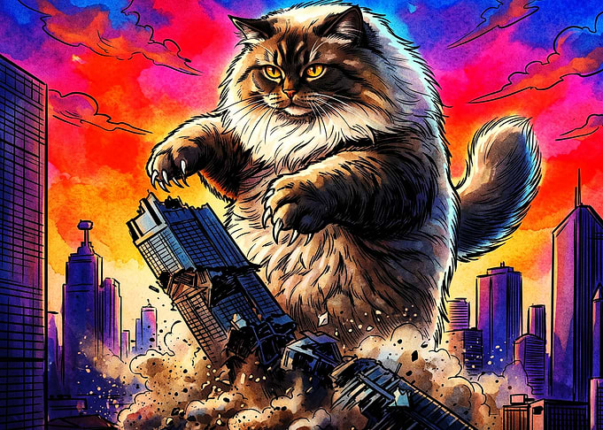 Giant Cat Monster City Attack Art