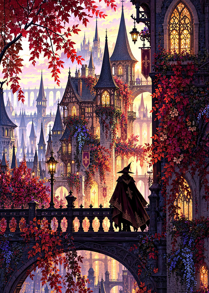 Wizard on Bridge in Autumn City