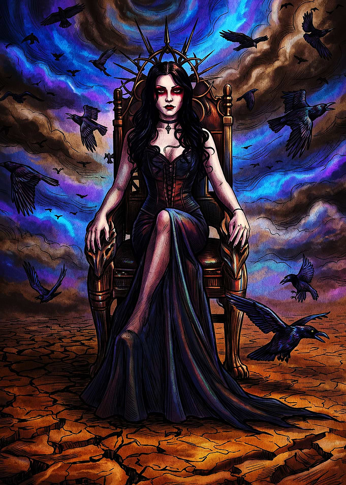 Gothic Queen on Throne with Ravens