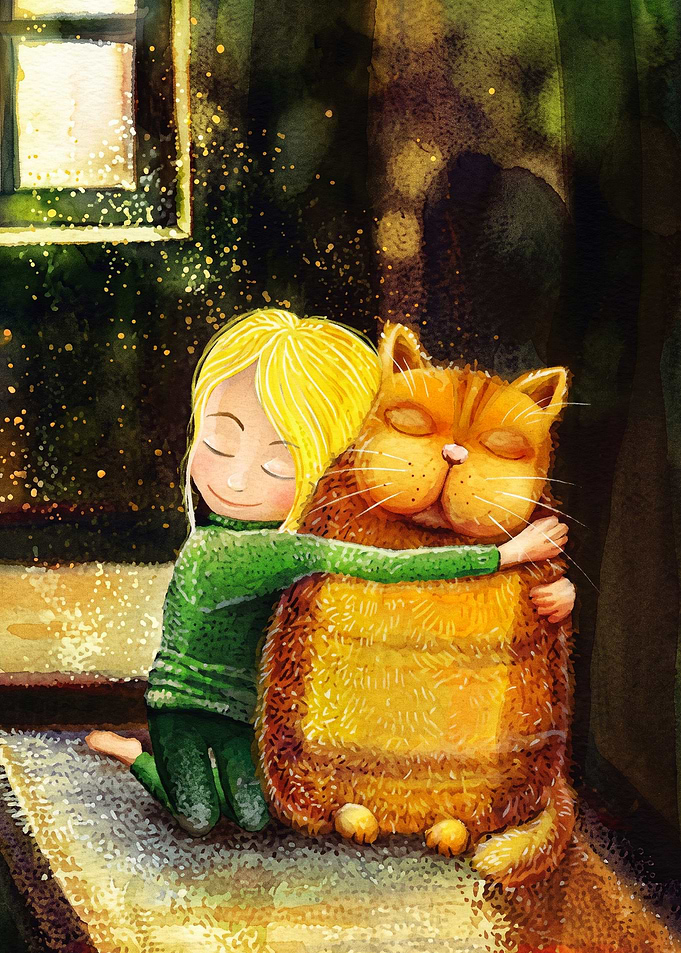Girl Hugging Cat Watercolor Art