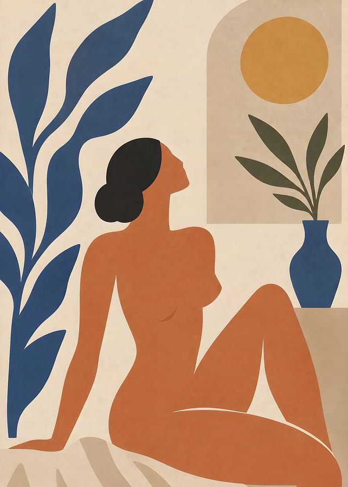 Matisse Inspired Nude Woman Art, Modern Minimalist Female Figure with Botanical Elements and Sun
