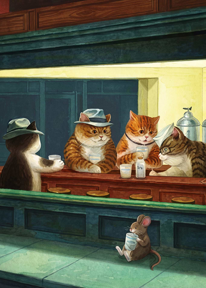 Cats Bar Nighthawks Funny Art Poste