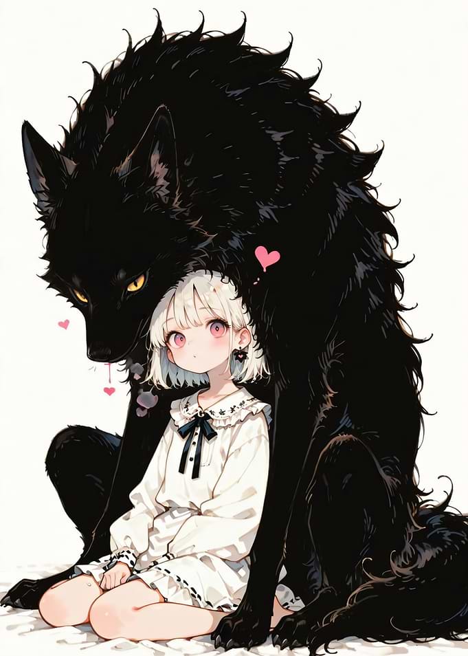 Anime Girl with Giant Black Wolf