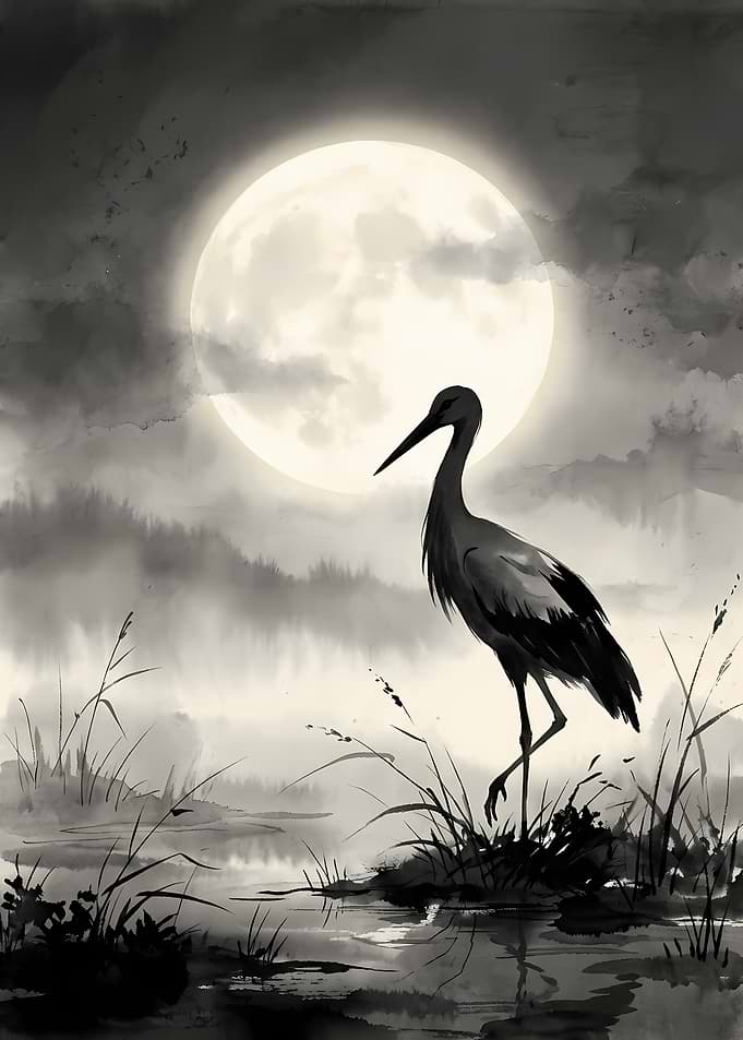 Stork Silhouette Under Full Moon