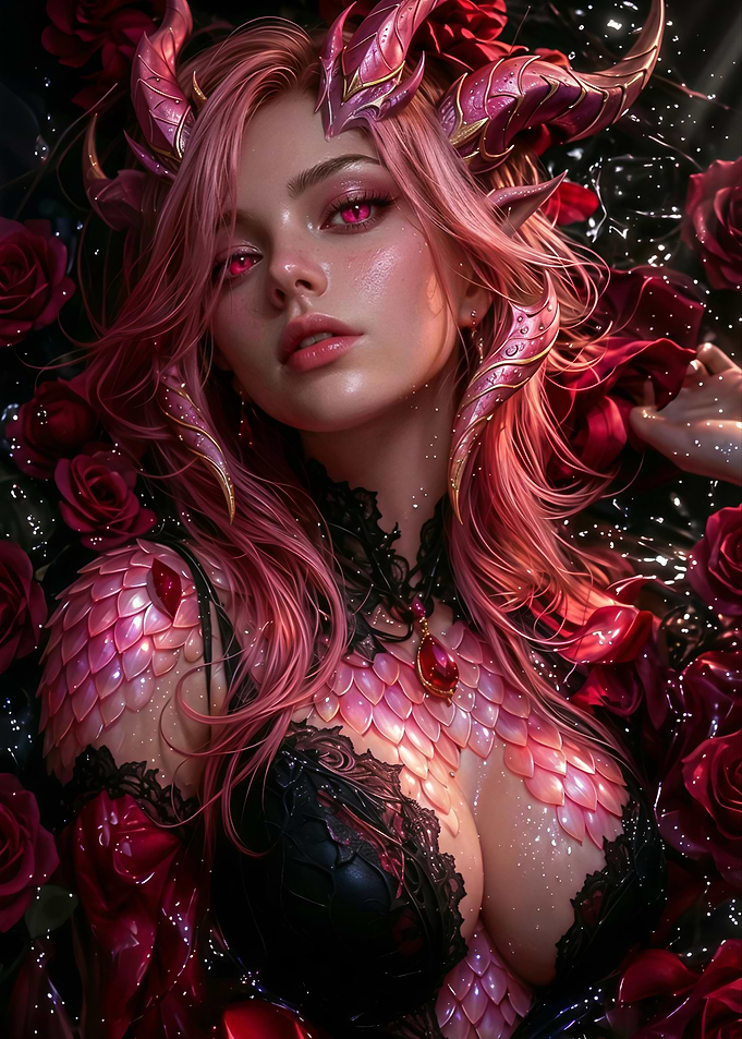 Pink Horned Succubus Among Roses