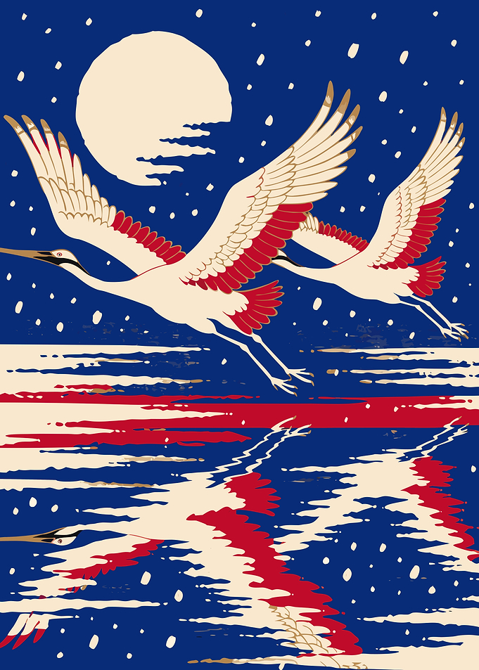 Japanese Cranes Flying Under Full Moon