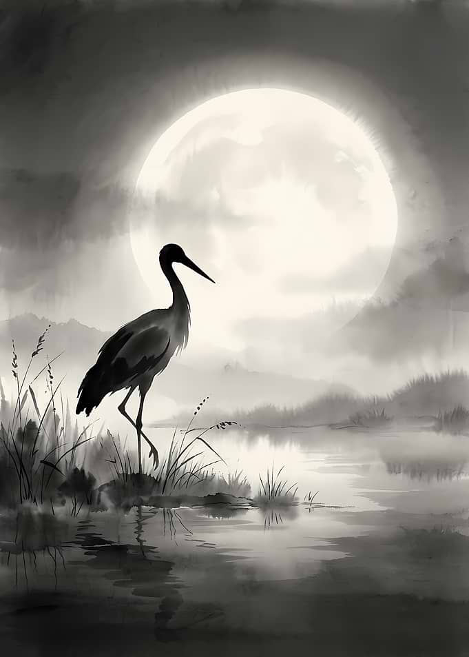 Crane Silhouette Under Full Moon