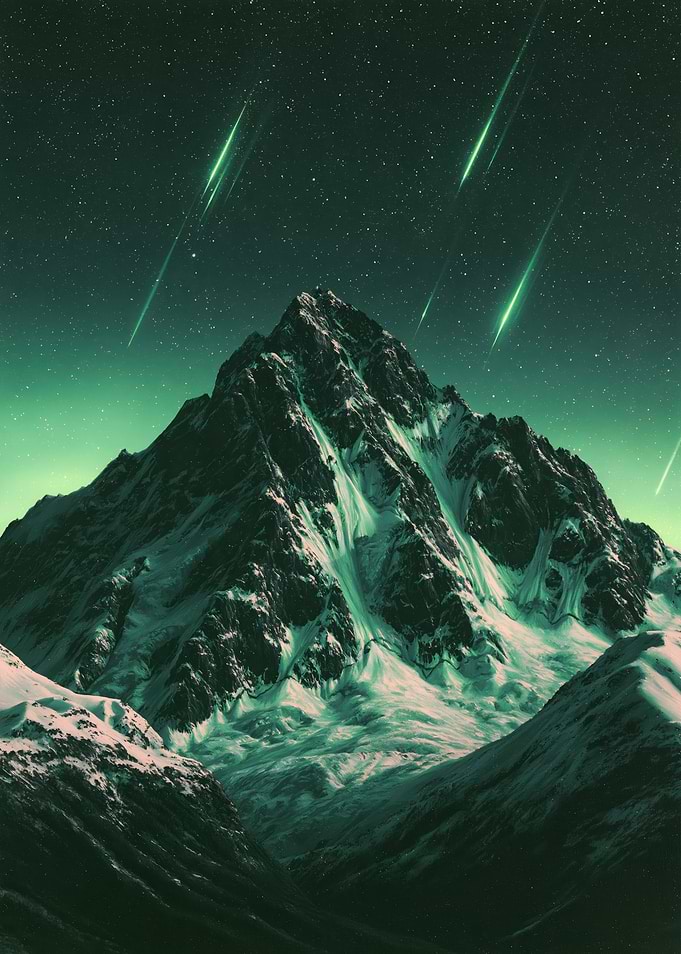 Green Meteor Shower Over Snowy Mountain