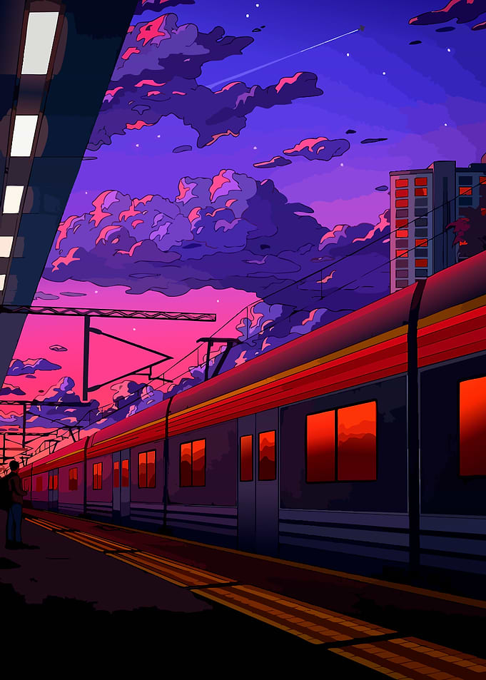 Anime Style Train Station at Sunset