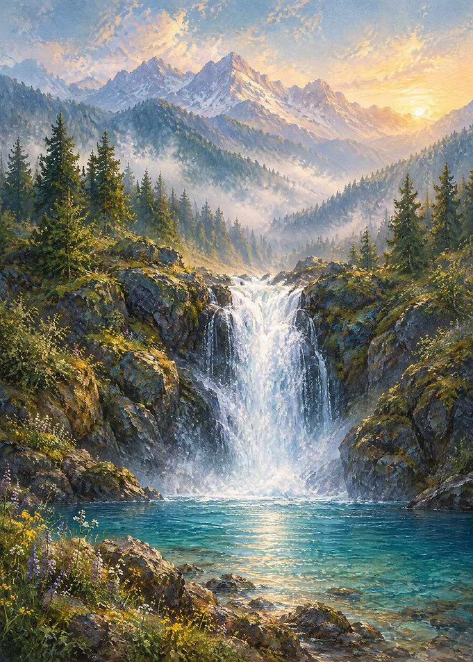 Majestic Mountain Waterfall at Sunset
