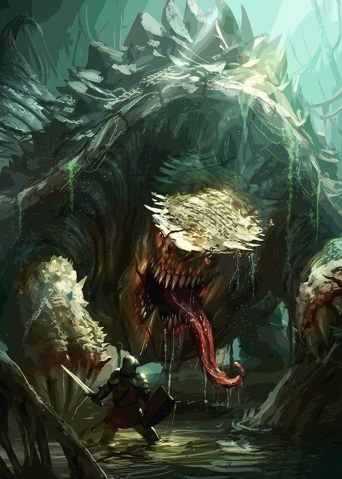 Knight Fighting a Giant Swamp Monster