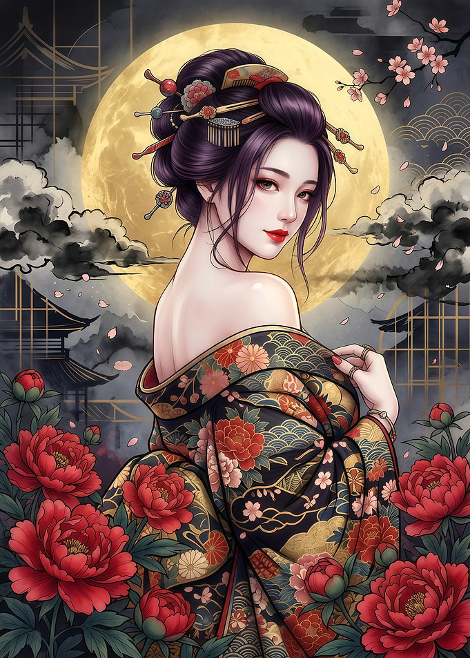 Elegant Geisha with Peonies and Moon
