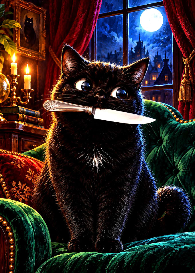 Halloween Black Cat Holding a Knife