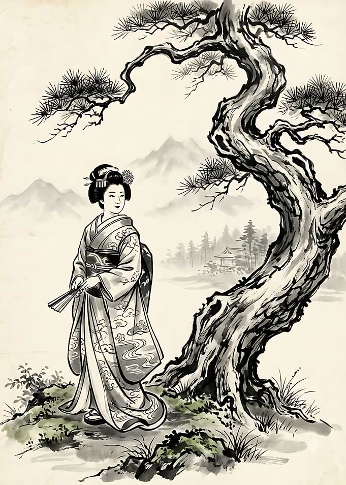 Geisha Standing Under Pine Tree