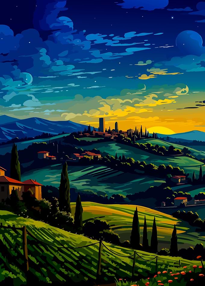Tuscan Sunset Landscape Illustration