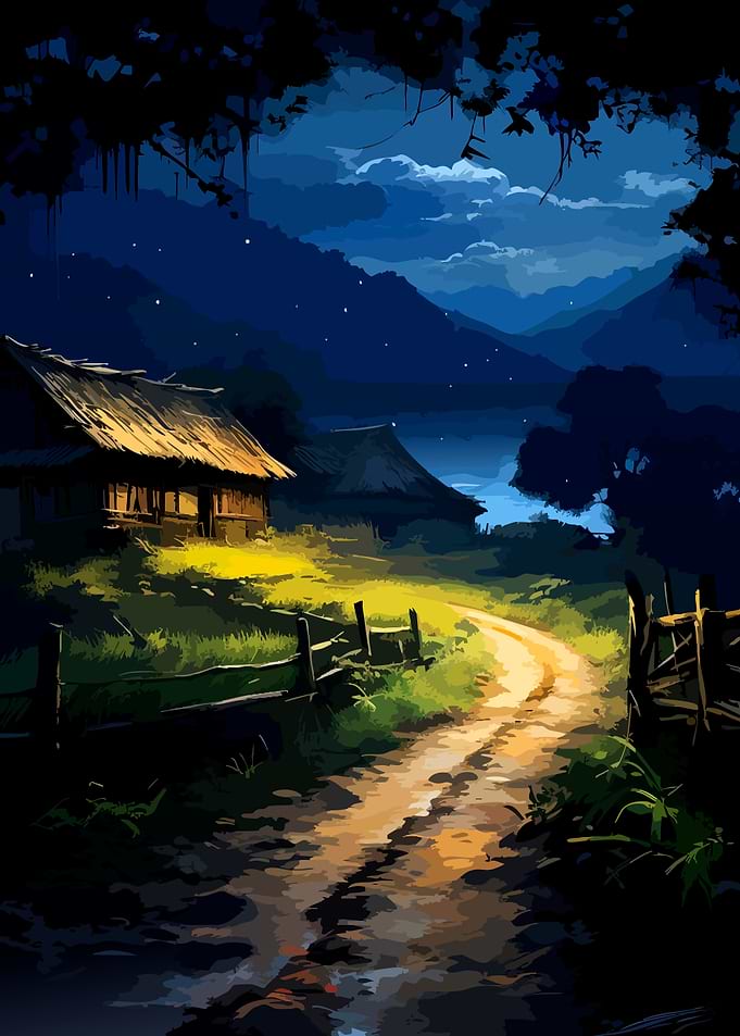Nighttime Rural Landscape with Cottage