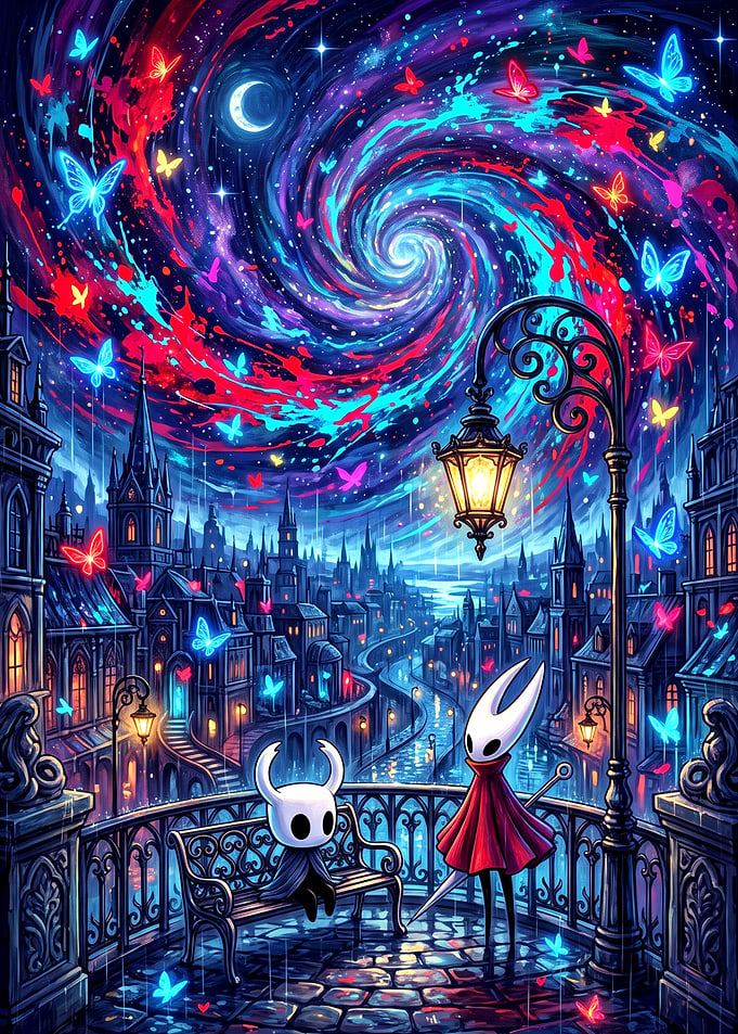 Hollow Knight Characters Under Cosmic Sky