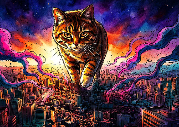 Giant Cat City Attack Watercolor Ar