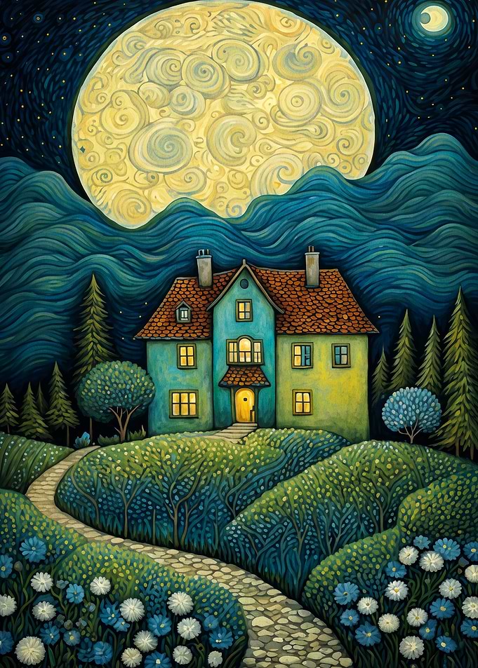 Moonlit House Night Fantasy Art