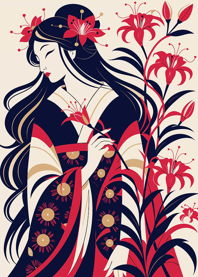 Japanese Woman with Red Lilies