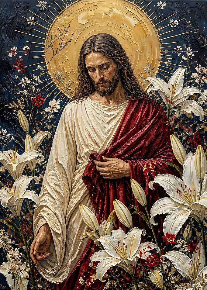 Jesus Christ Surrounded by White Lilies