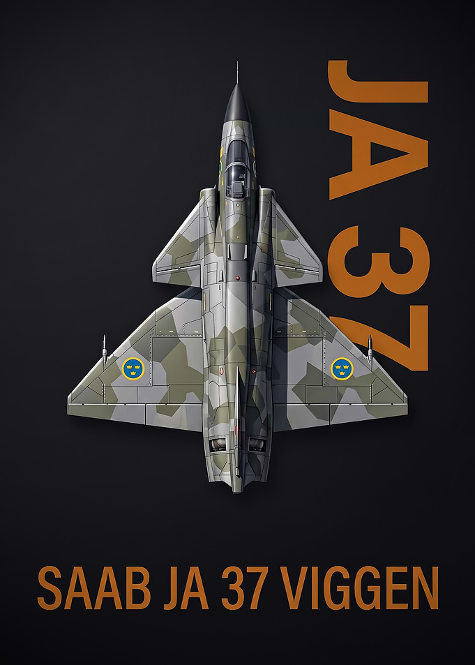 dark background top view saab JA 37 Viggen Fighter Jet poster