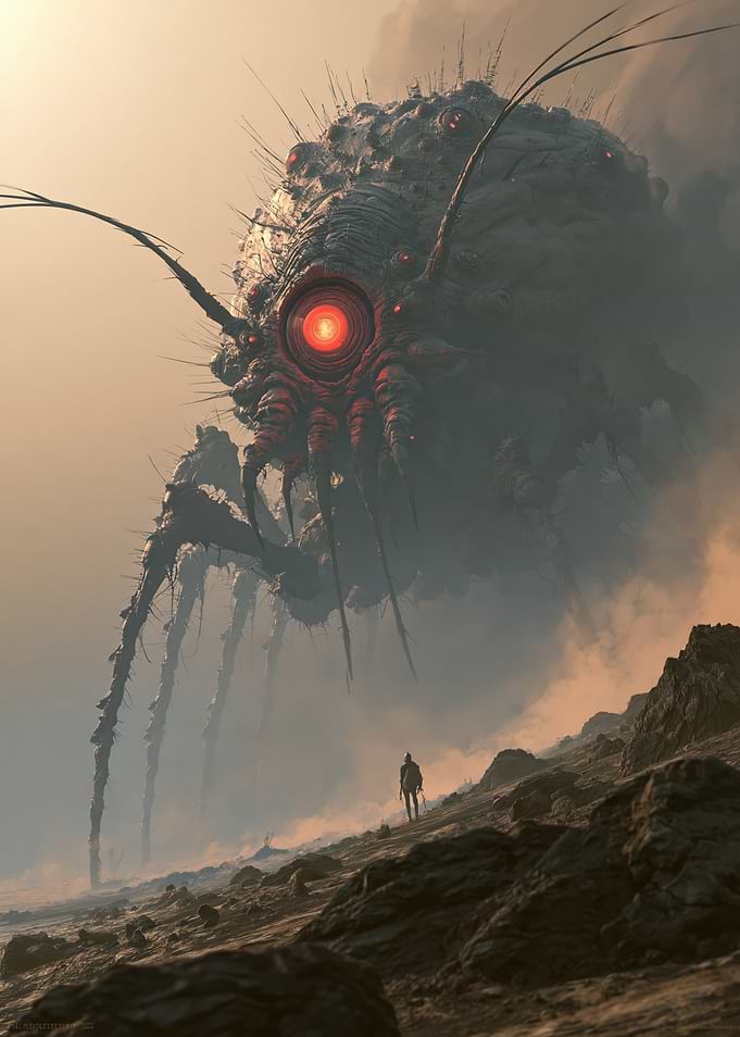 Giant Alien Creature Confronting Lone Traveler