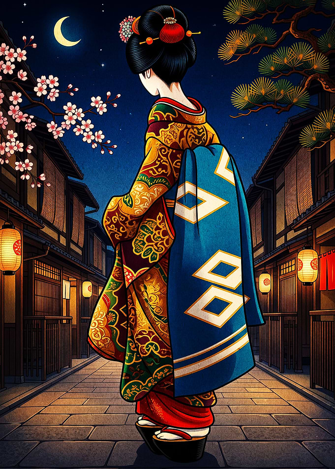Geisha Walking Through Traditional Japanese Street